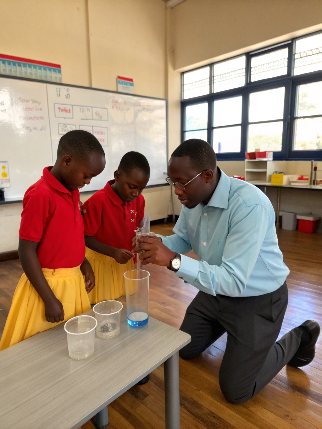 Teacher collaborating with students in a classroom